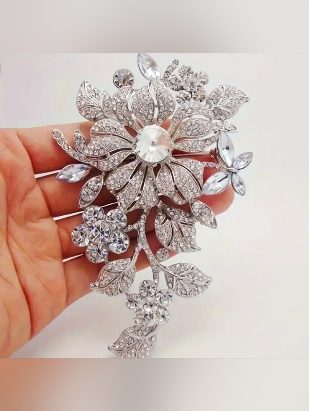 Crystal Floral Statement Brooch - Silver Tone - Picture 5 of 5
